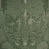 Decorative wallpaper with intricate green leaf and fantasy design on a dark background