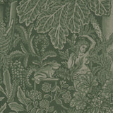 Vintage-style illustration with a woman and frog among foliage on a green background