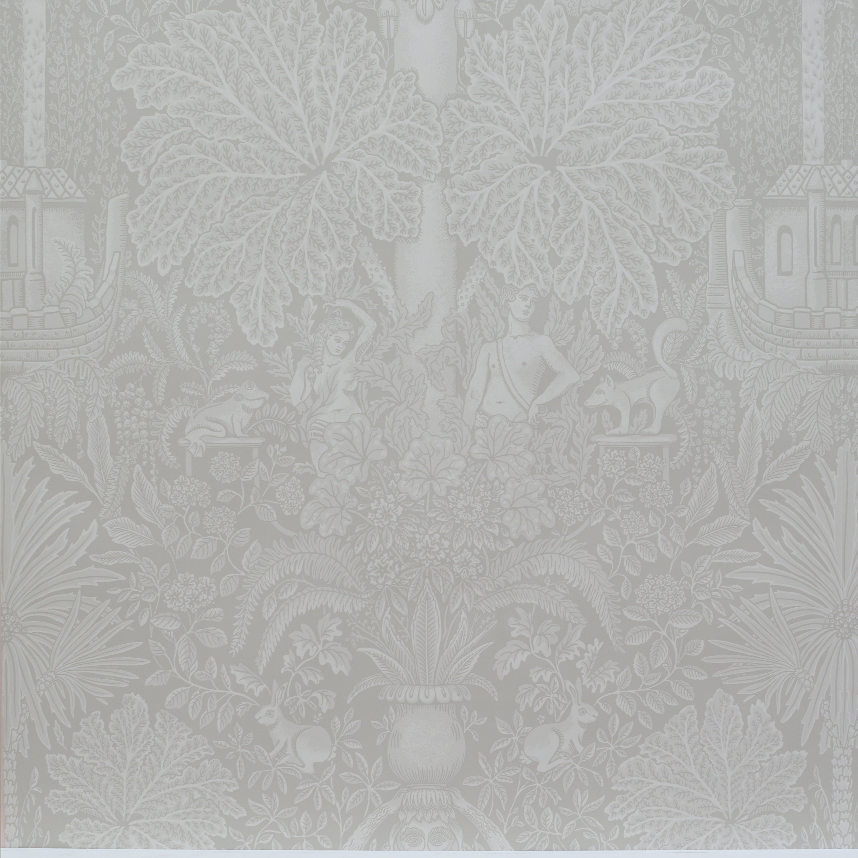 Wallpaper with a  classical illustrated pattern on a grey background