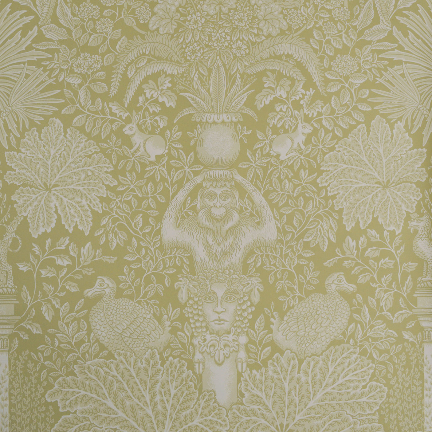 Decorative wallpaper with intricate patterns of leaves, flowers, and classical elements on a green background.