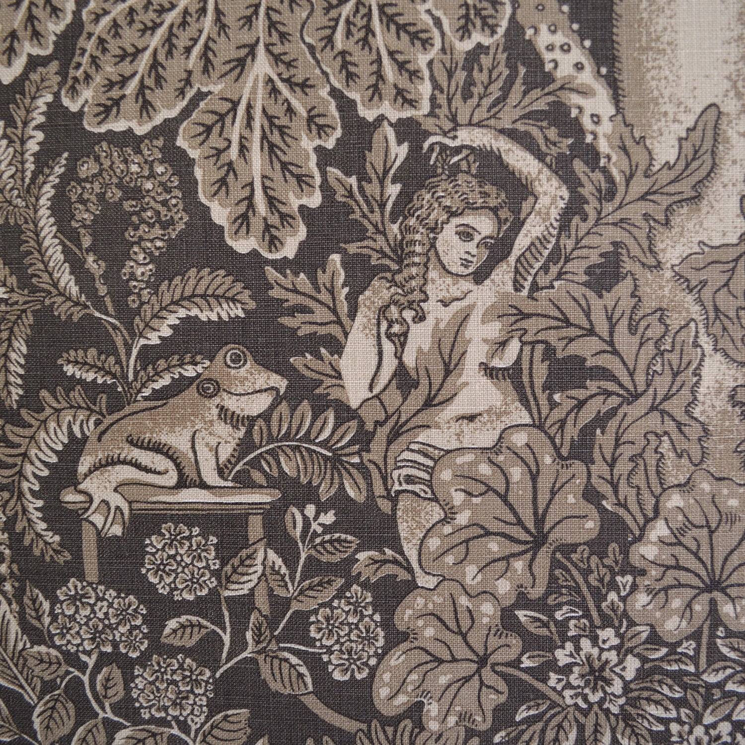 Decorative fabric with a woman and frog design on a brown background