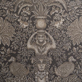 Decorative fabric pattern with classical figures, animals, and foliage on a dark background