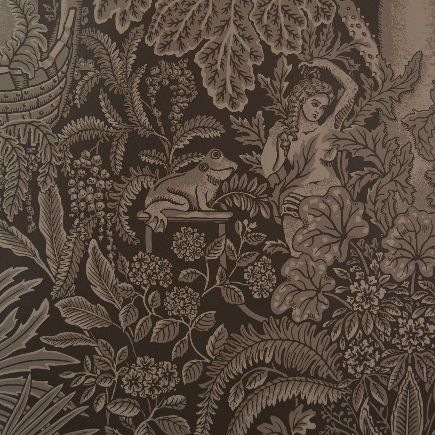 Vintage-style wallpaper with a woman, frog, and foliage design on a dark background
