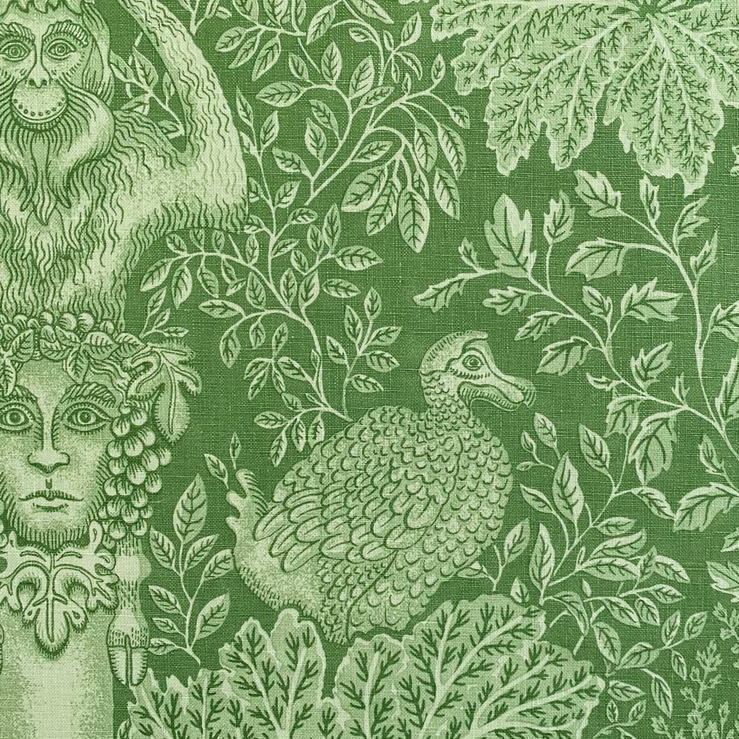 Decorative fabric pattern with classical figures, leaves, and a bird on a green background