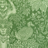 Decorative fabric pattern with classical figures, leaves, and a bird on a green background