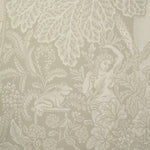 Decorative wallpaper with a woman, frog, and floral pattern on a beige background