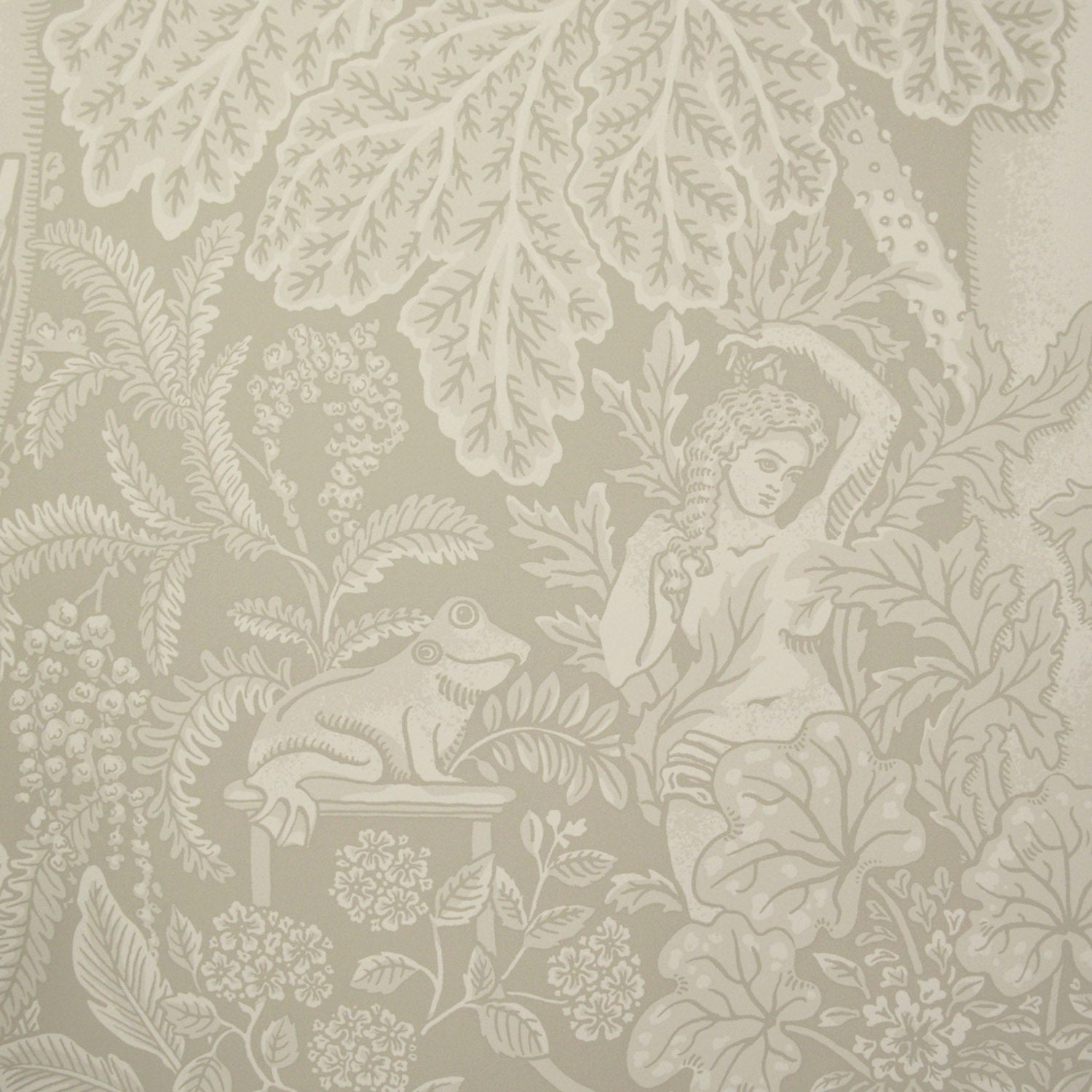 Decorative wallpaper with a woman, frog, and floral pattern on a beige background