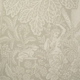 Decorative wallpaper with a woman, frog, and floral pattern on a beige background