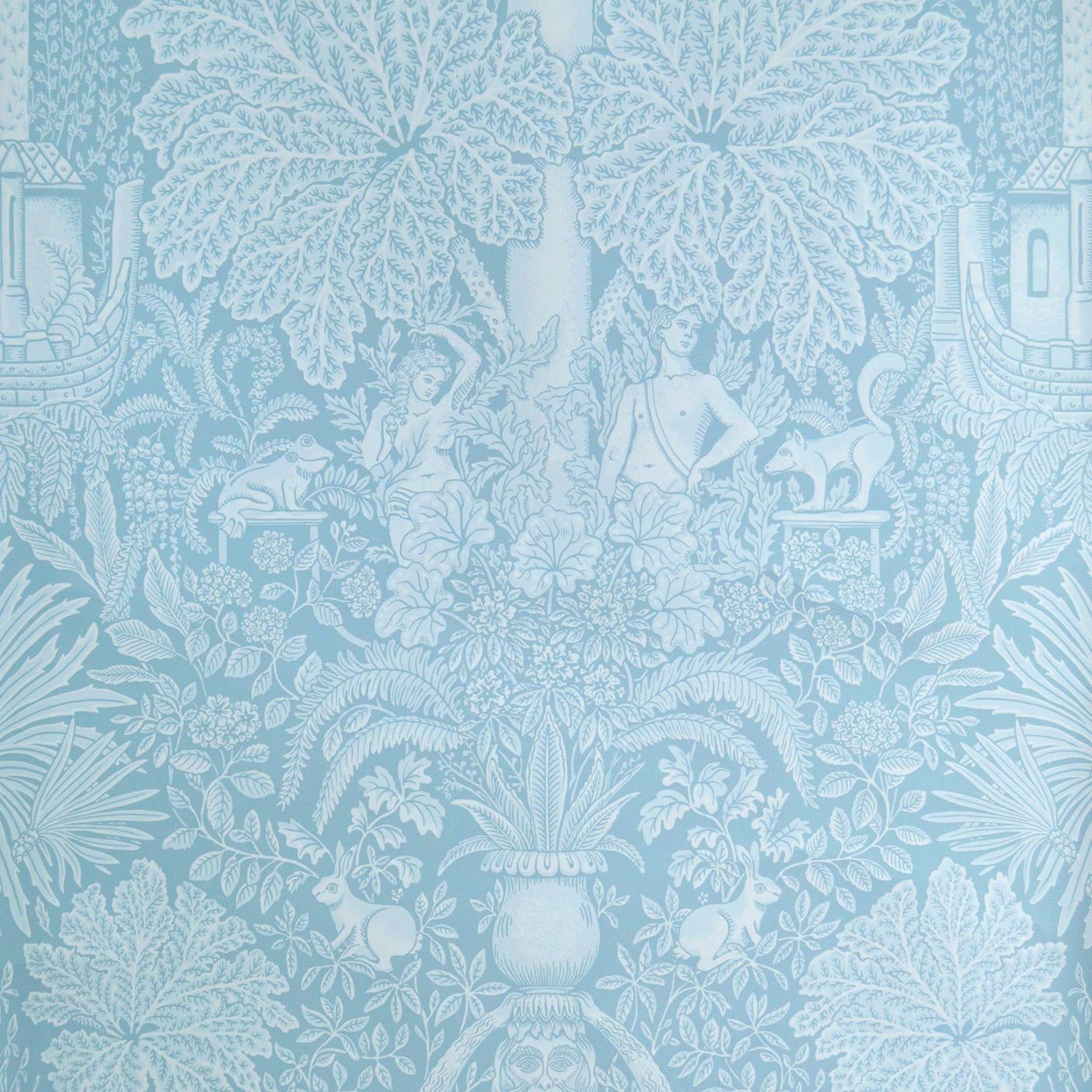 Decorative wallpaper with a floral pattern in light blue tones