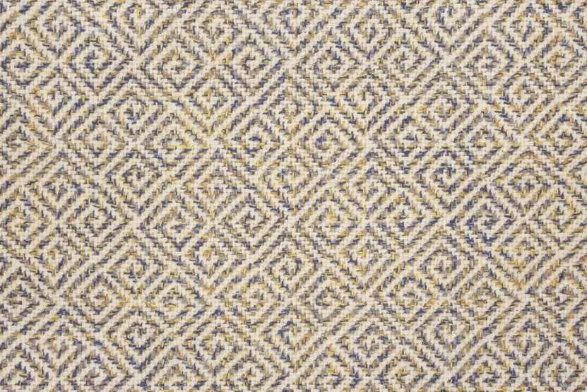 Broadloom carpet swatch in a geometric pattern in a blue yellow design