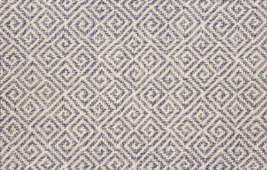Broadloom carpet swatch in a geometric pattern in a blue white design