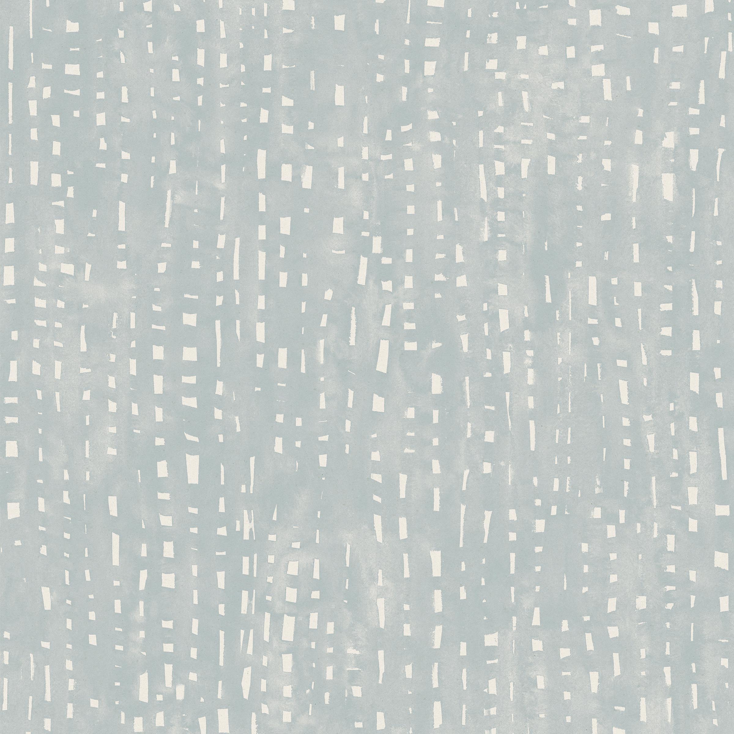 Detail of wallpaper in a painterly small-scale dashed dot print in white on a pale blue watercolor field.
