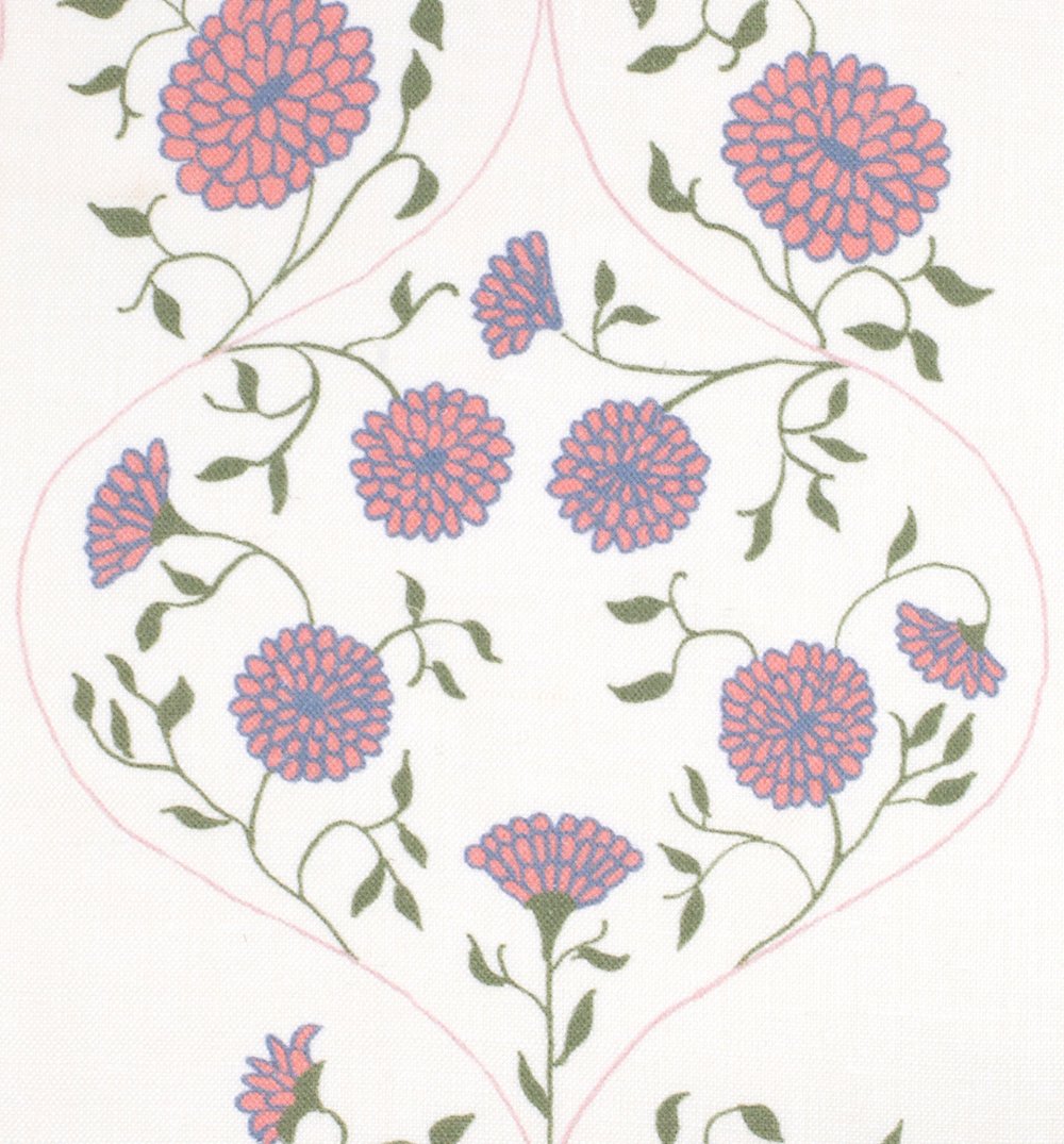 Detail of fabric in a floral lattice print in pink, purple and green on a cream field.