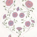 Detail of fabric in a floral lattice print in pink, purple and green on a cream field.