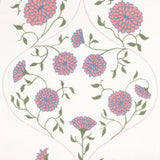 Detail of fabric in a floral lattice print in pink, purple and green on a cream field.