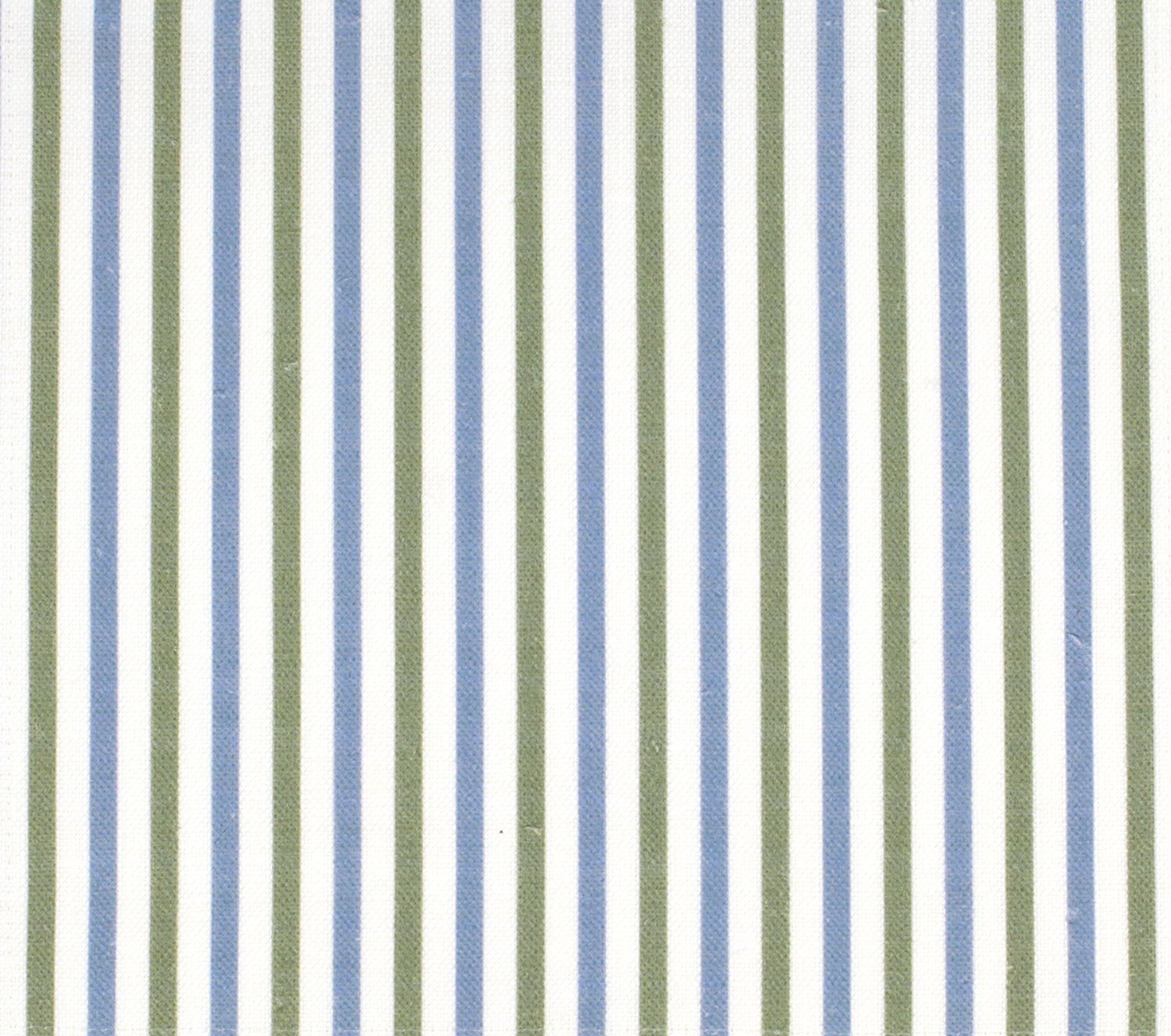 Detail of fabric in a small-scale stripe print in green and blue on a white field.
