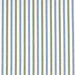 Detail of fabric in a small-scale stripe print in green and blue on a white field.