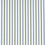 Detail of fabric in a small-scale stripe print in green and blue on a white field.