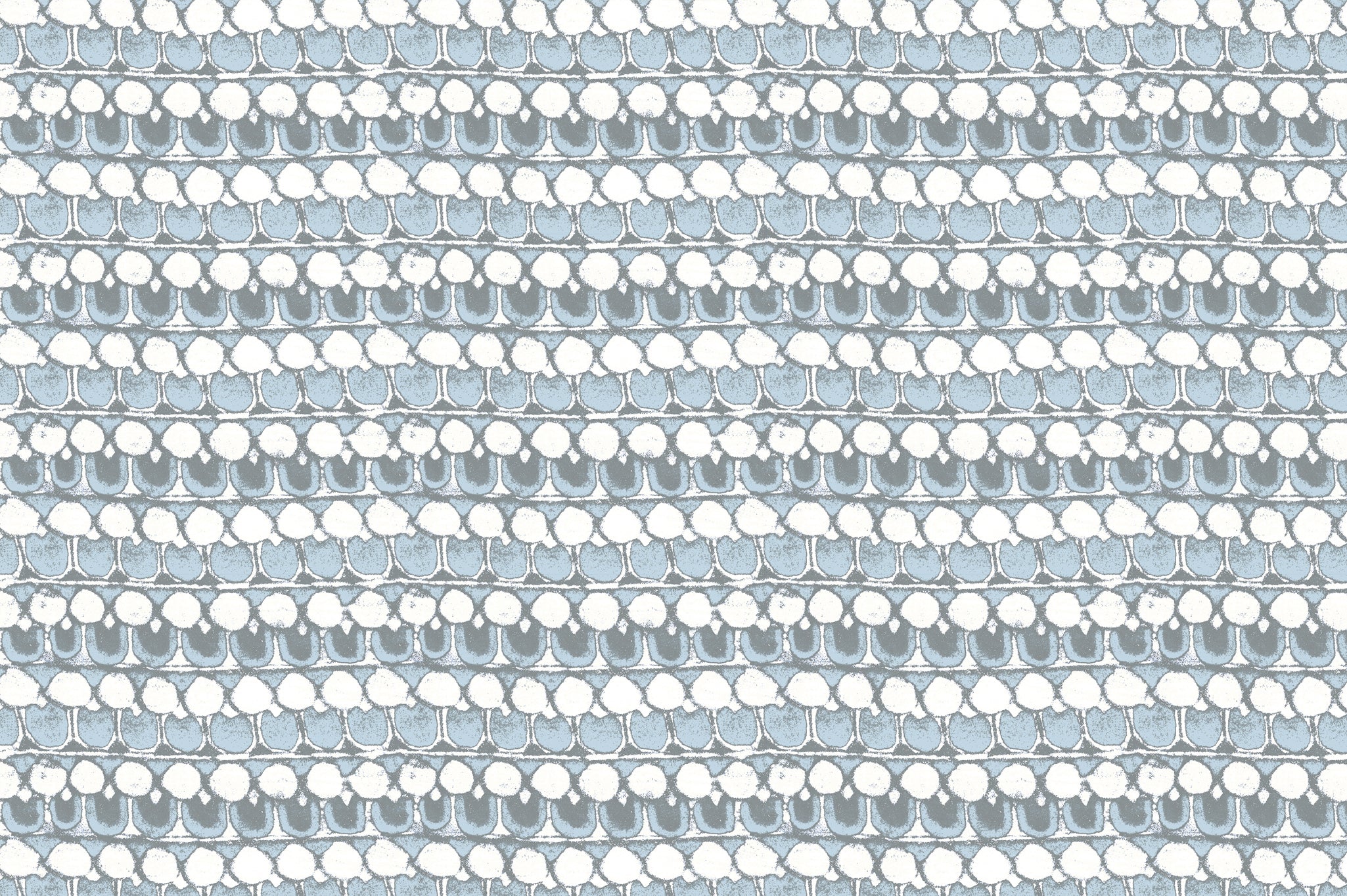 Detail of fabric in a dense curvilinear stripe print in cream, blue and gray.