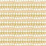 Detail of fabric in a dense curvilinear stripe print in white, yellow and pink.