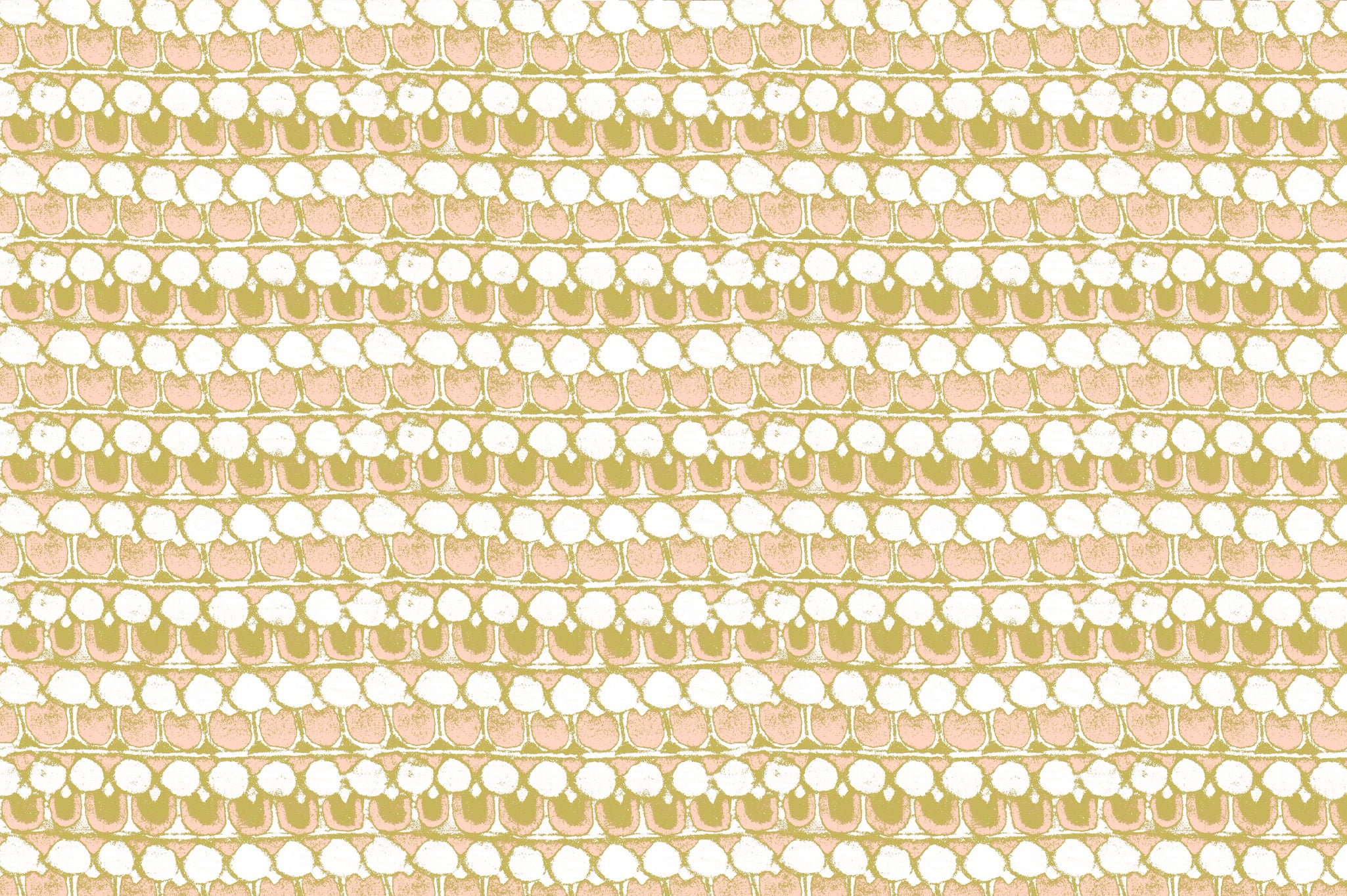 Detail of fabric in a dense curvilinear stripe print in white, yellow and pink.