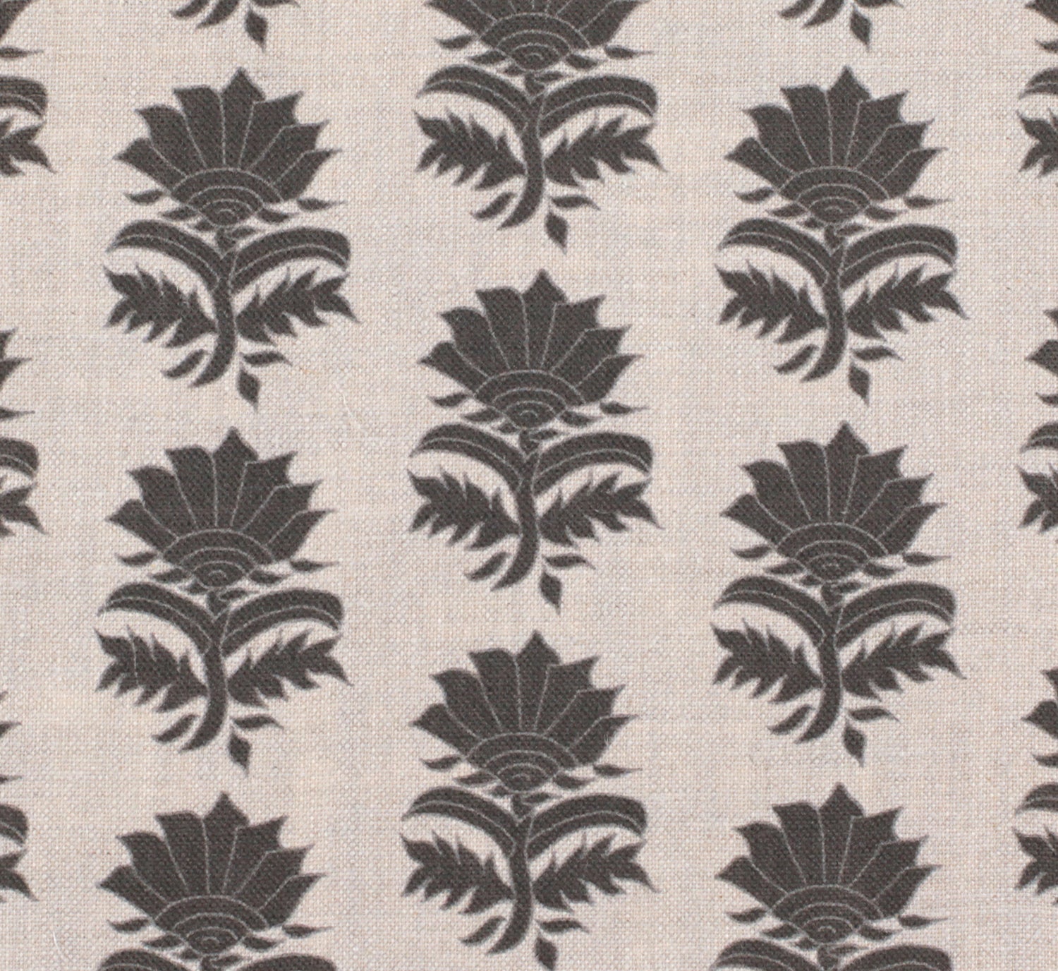 Detail of fabric in a repeating thistle print in gray on a cream field.