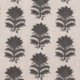 Detail of fabric in a repeating thistle print in gray on a cream field.