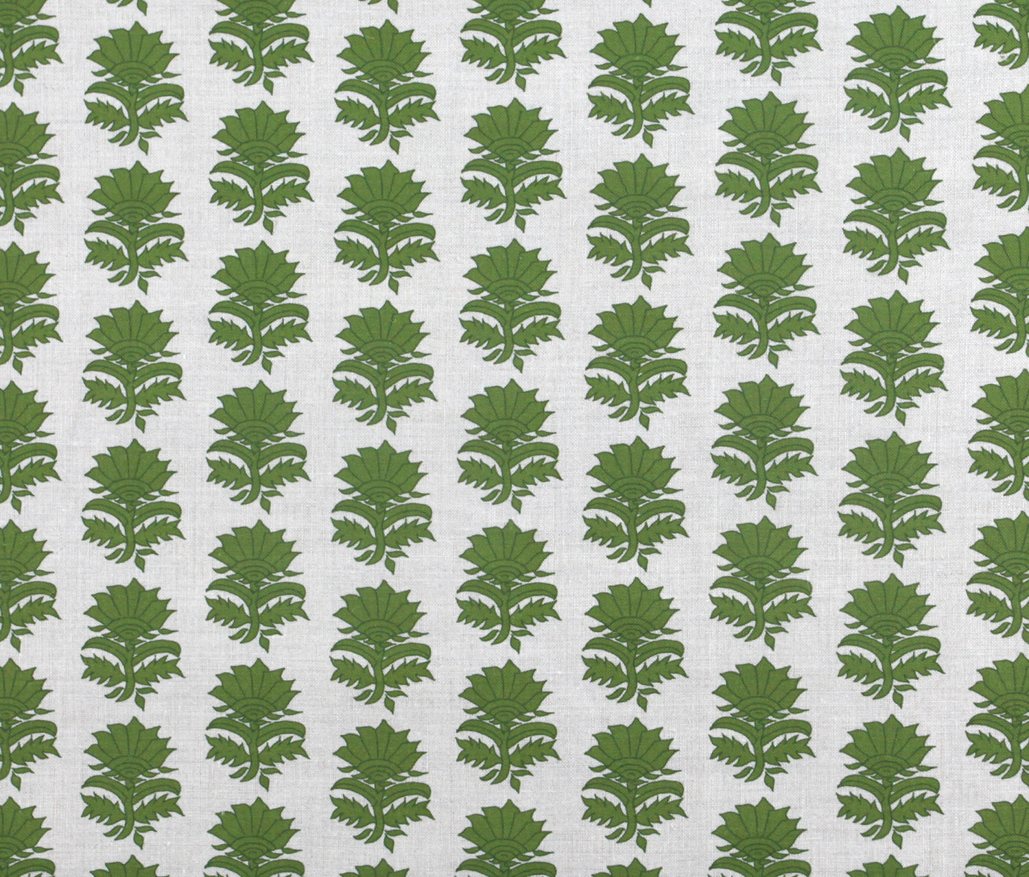 Detail of fabric in a repeating thistle print in green on a cream field.