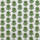 Detail of fabric in a repeating thistle print in green on a cream field.
