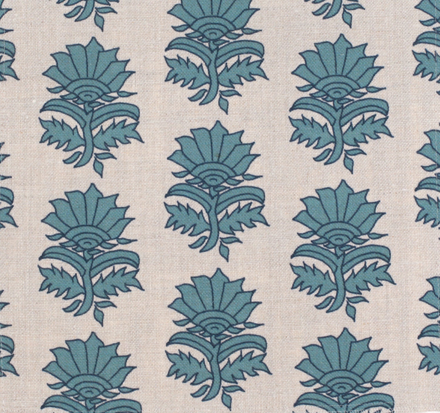 Detail of fabric in a repeating thistle print in navy and turquoise on a cream field.