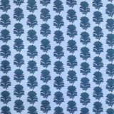 Detail of fabric in a repeating thistle print in navy and turquoise on a light blue field.