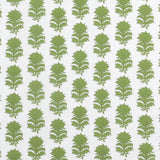 Detail of fabric in a repeating thistle print in green on a white field.