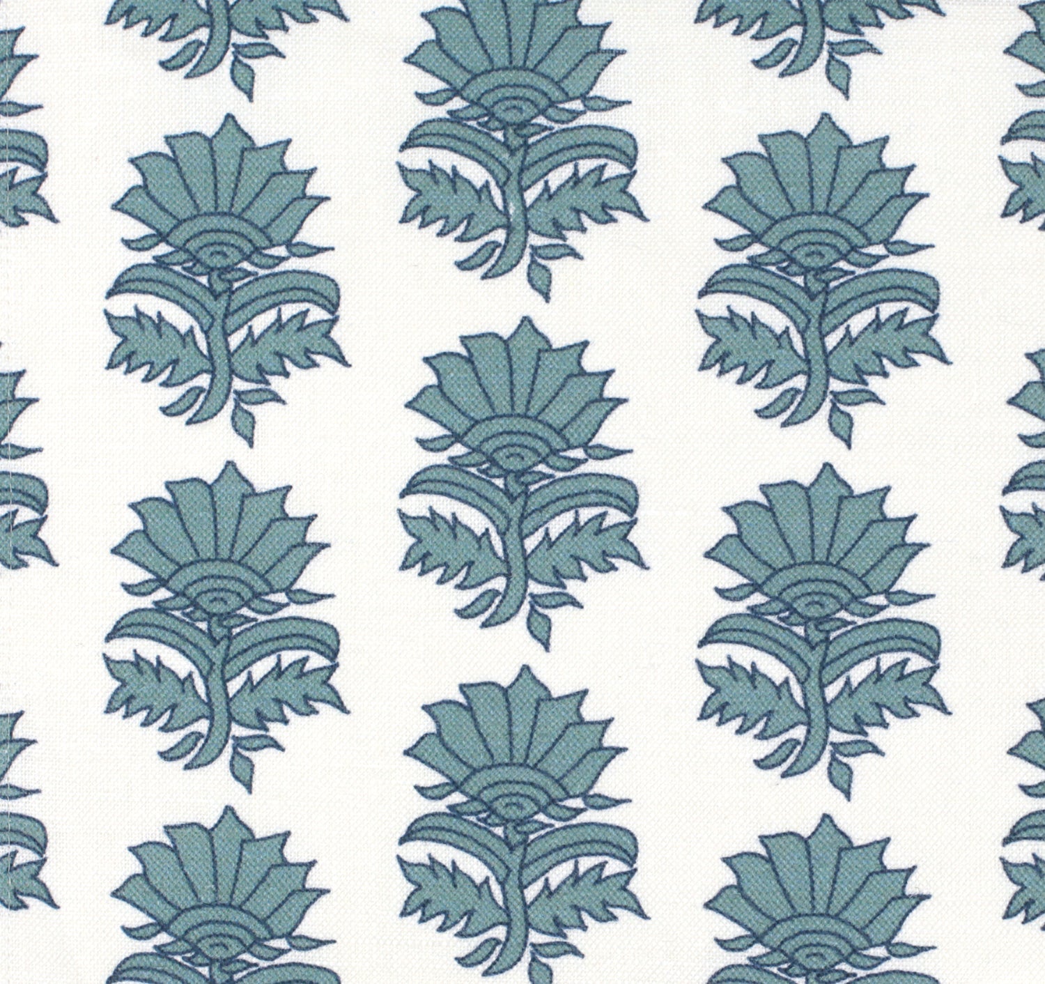 Detail of fabric in a repeating thistle print in navy and turquoise on a white field.