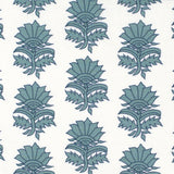 Detail of fabric in a repeating thistle print in navy and turquoise on a white field.