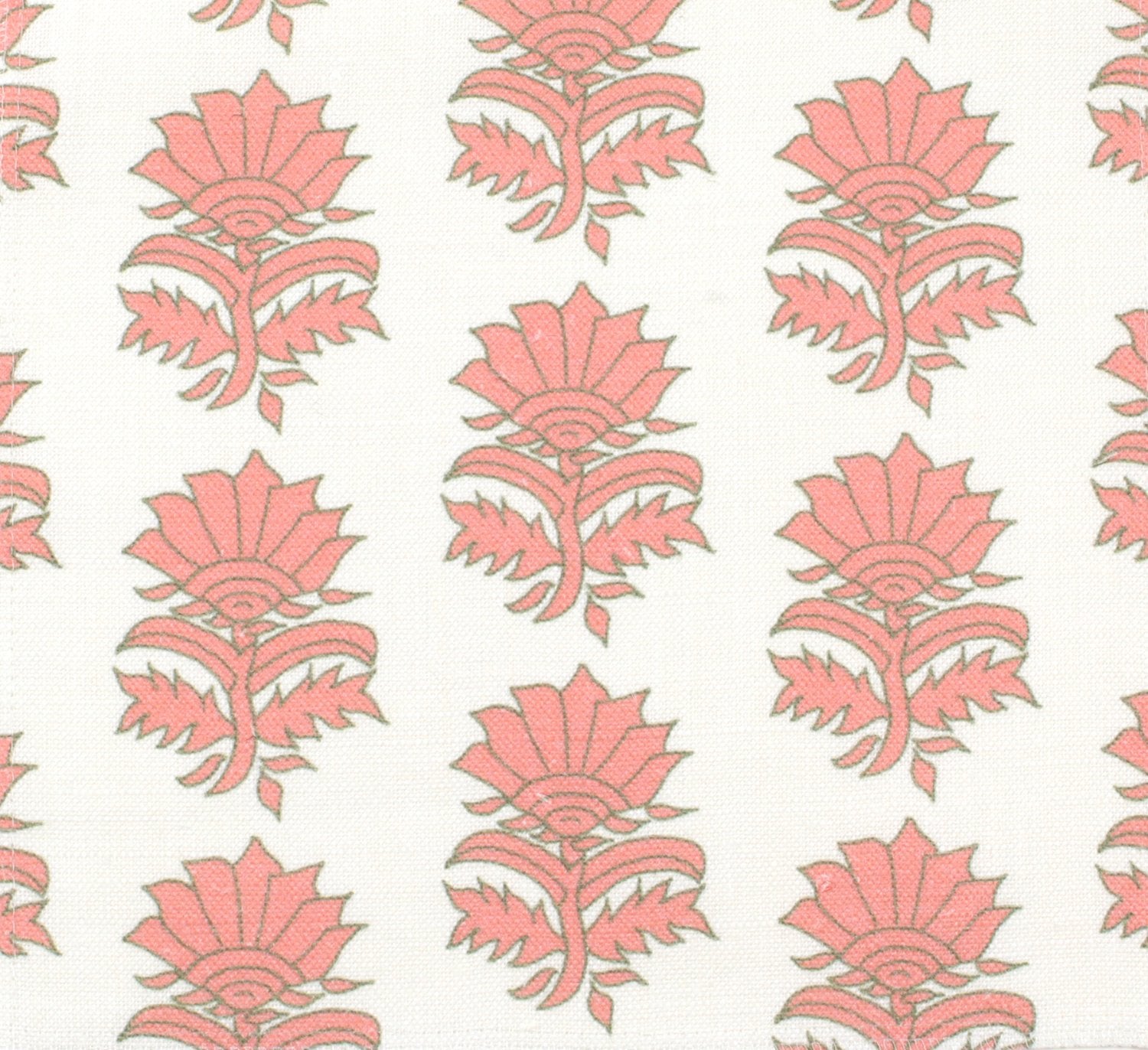 Detail of fabric in a repeating thistle print in pink and green on a white field.