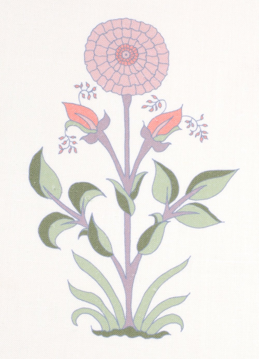 Detail of fabric in a large-scale marigold print in pink, purple and green on a white field.