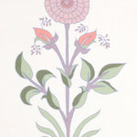 Detail of fabric in a large-scale marigold print in pink, purple and green on a white field.