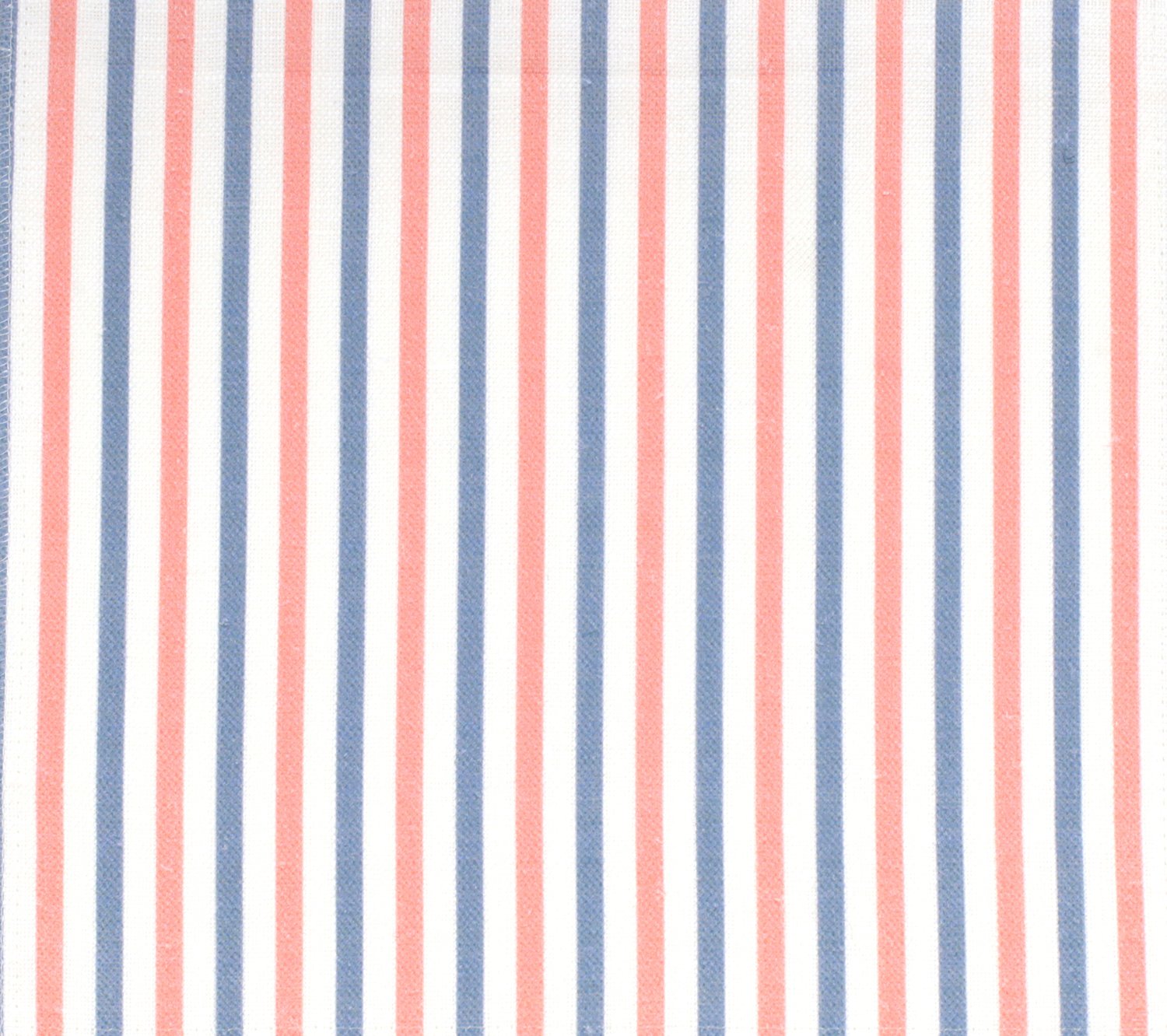Detail of fabric in a small-scale stripe print in pink and blue on a white field.