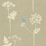 Detail of fabric in a playful flower and butterfly print in cream and blue on a tan field.