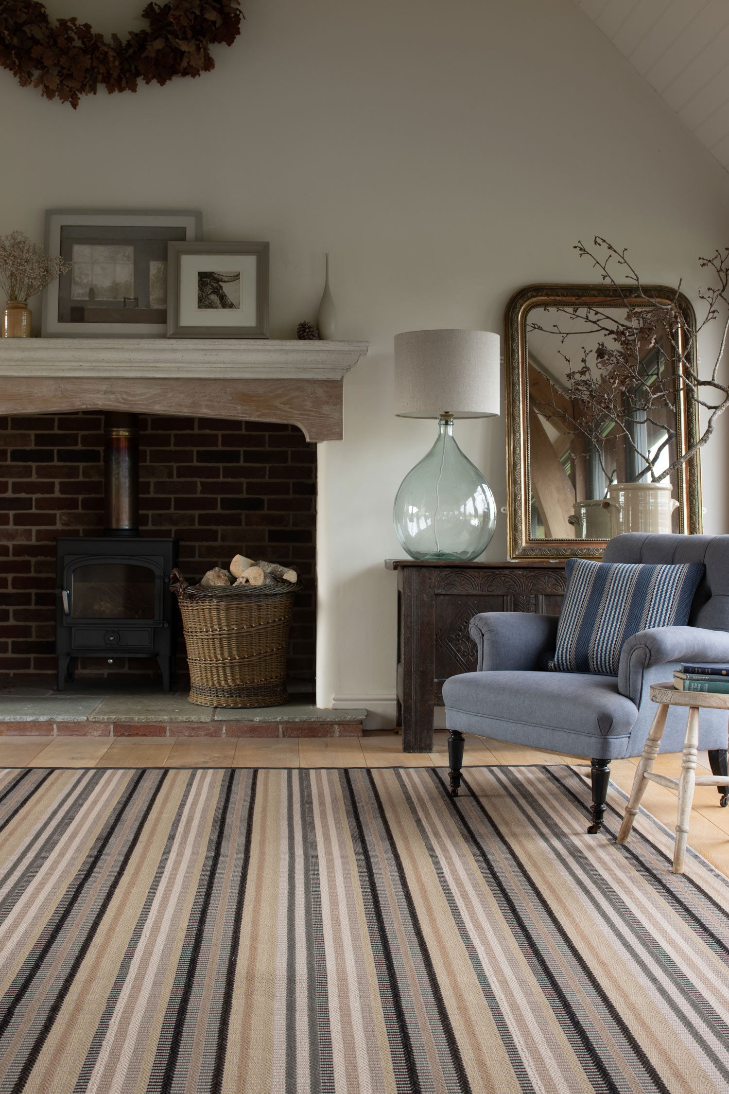 Striped flatweave runner in ivory  grey black and white 