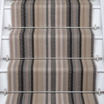 Striped flatweave runner in ivory  grey black and white on white staircase