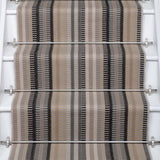 Striped flatweave runner in ivory  grey black and white on white staircase