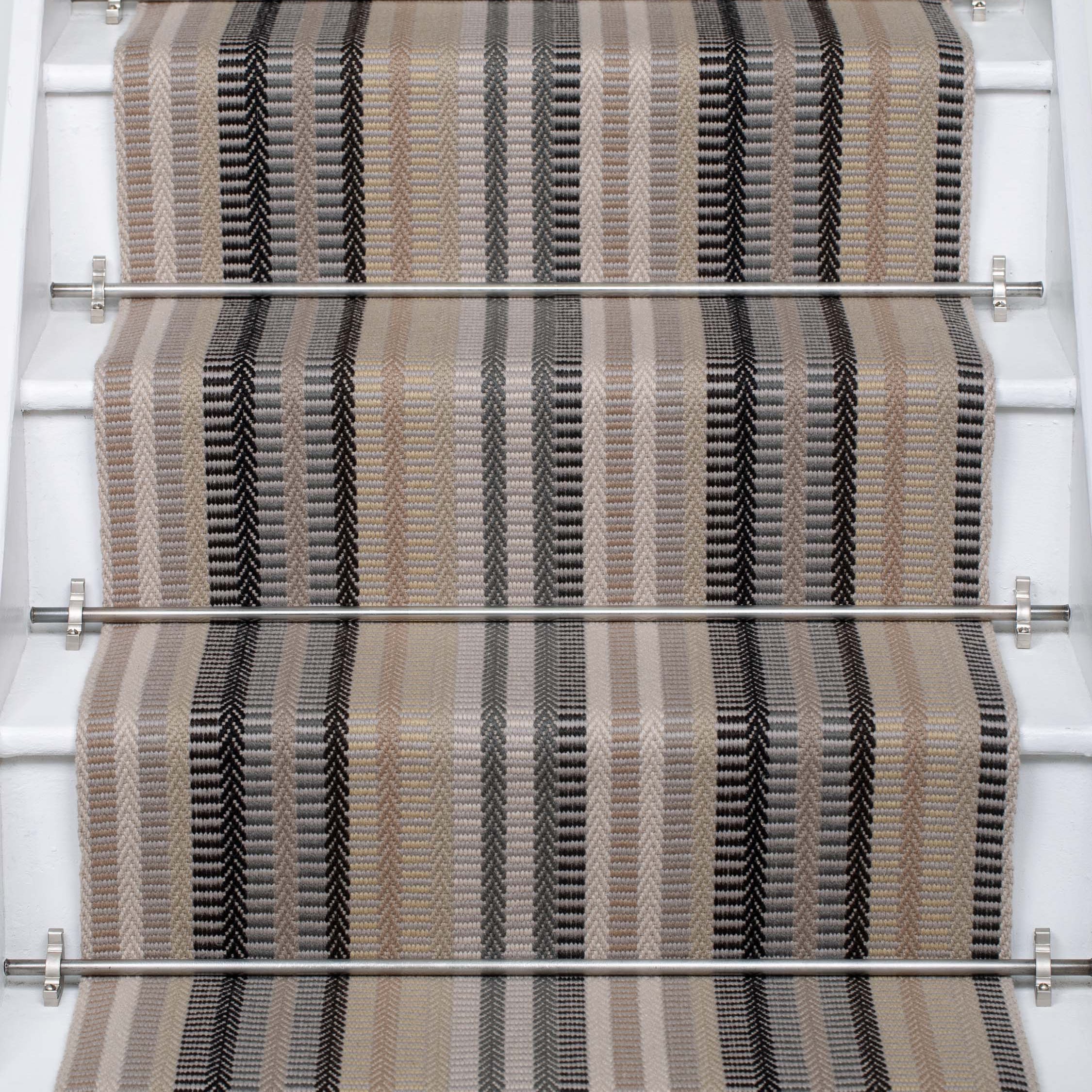 Striped flatweave runner in ivory  grey black and white on white staircase