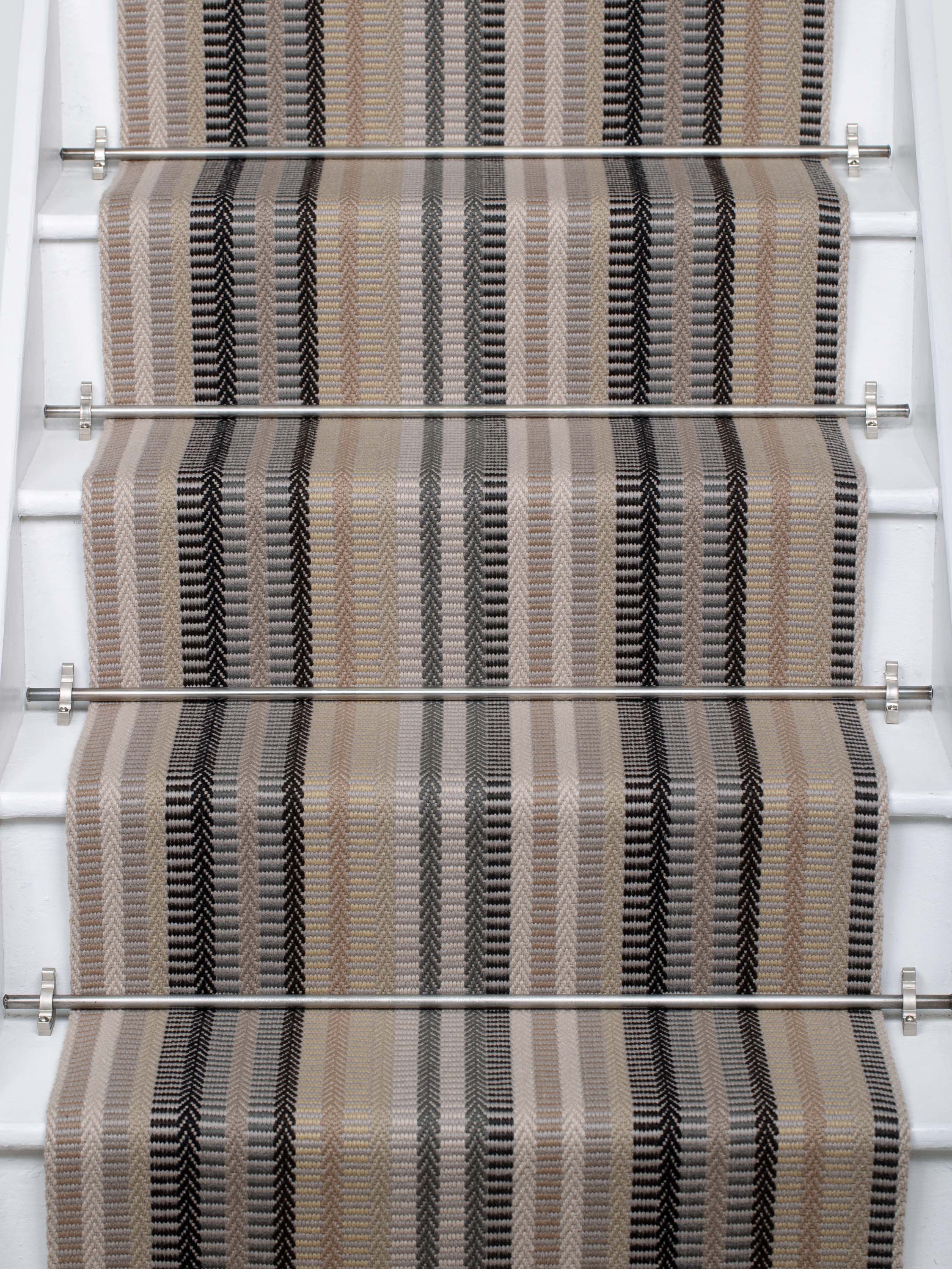 Striped flatweave runner in ivory  grey black and white on white staircase