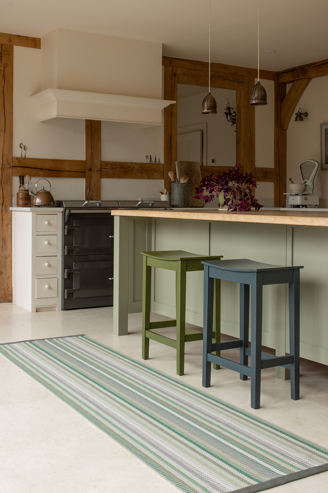 Striped flatweave runner in green and grey 