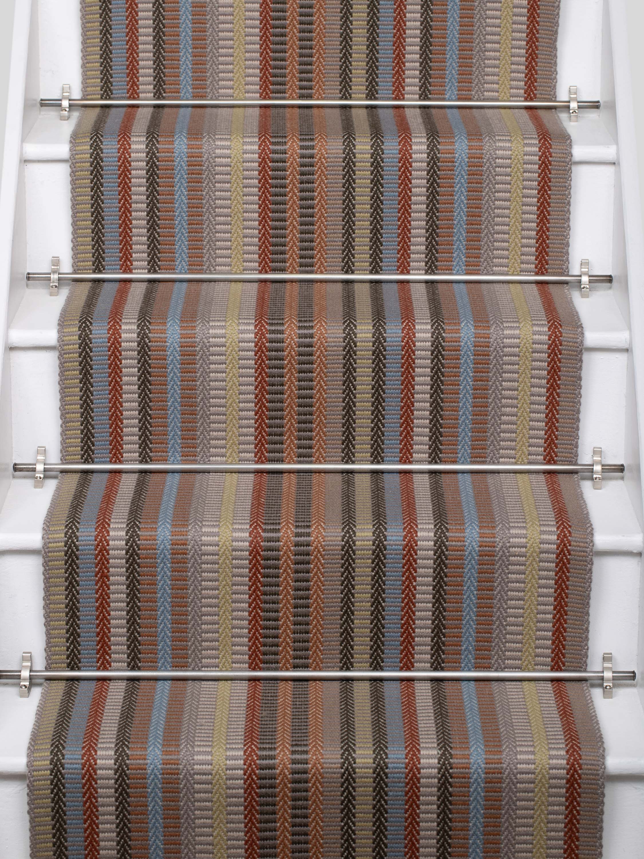 Striped flatweave runner in green and grey tan blue red and tan on white staircase