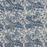 Detail of fabric in intricate flower and crane print in navy on a tan field.