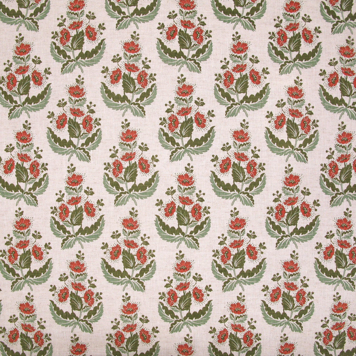 Patterned fabric with red flowers and green leaves on a beige background