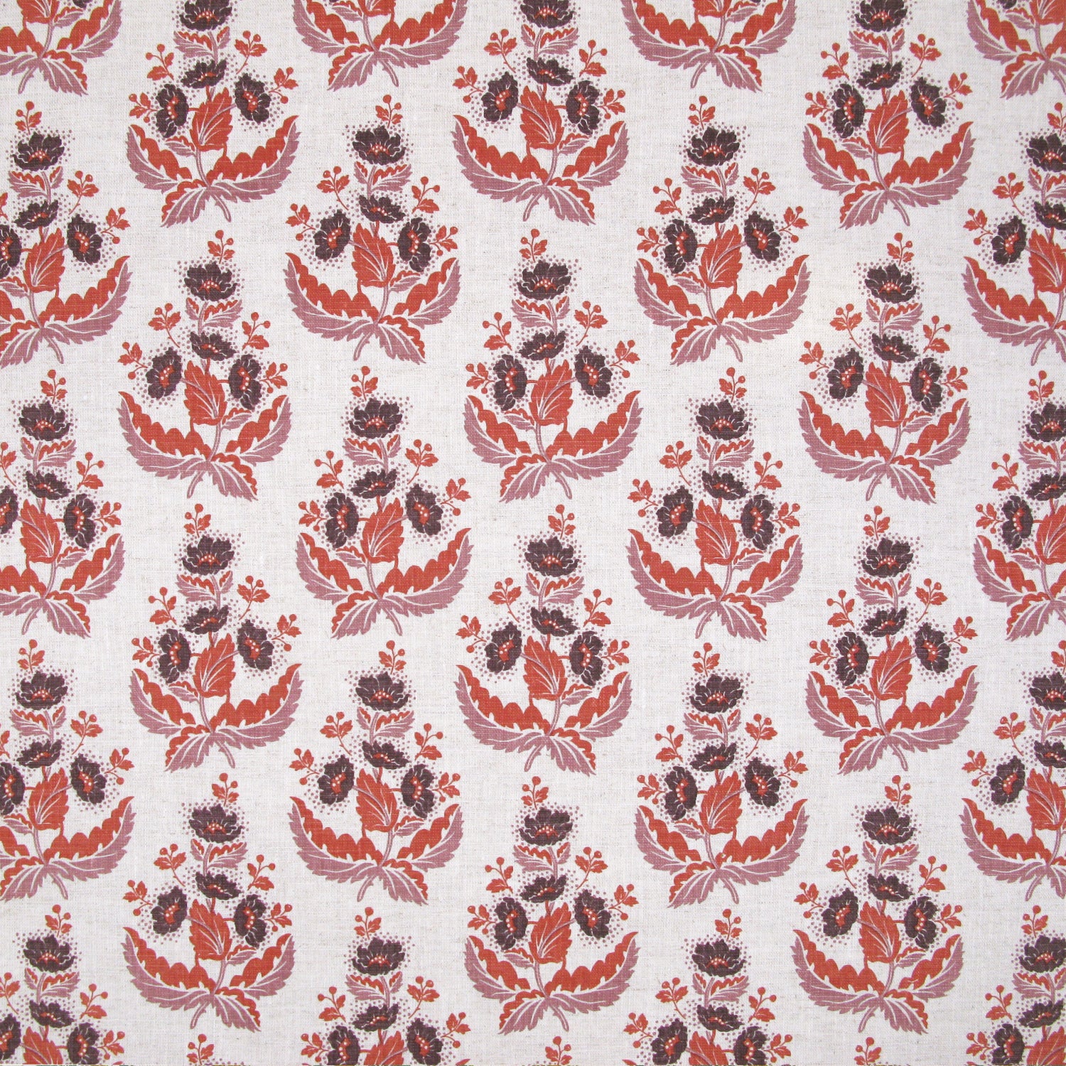 Patterned fabric with purple and red floral design on a white background