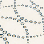 Fabric yardage in a playful floral lattice print in yellow and navy on a cream field.